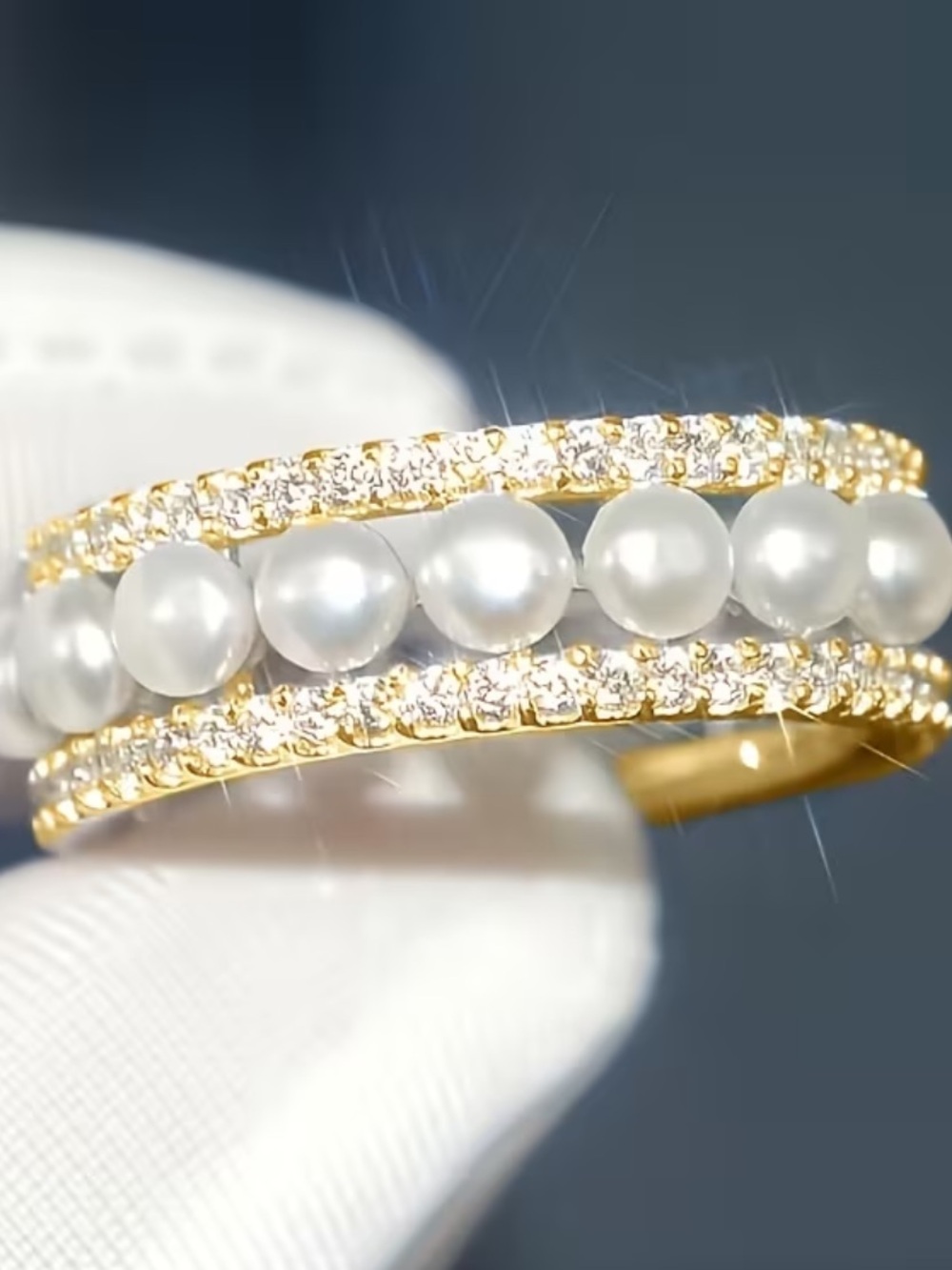 18K Gold Plated Moissanite & Pearl Engagement Band Ring Hypoallergenic